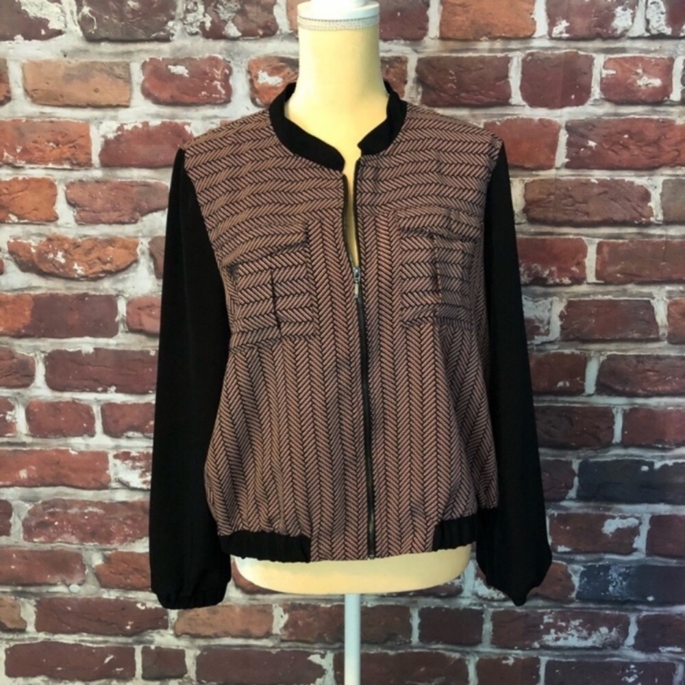 Silky Bomber Jacket Herringbone Pattern Zip Up
